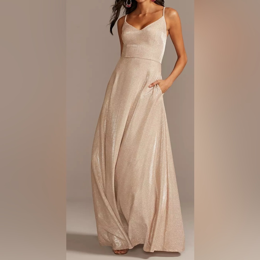David’s Bridal Glitter Spaghetti Strap Gown Gold Size 1 (altered)